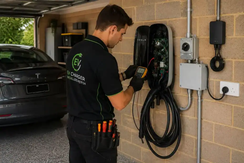 EV Charger Installers Perth staff repairing residential EV charger in Maddington