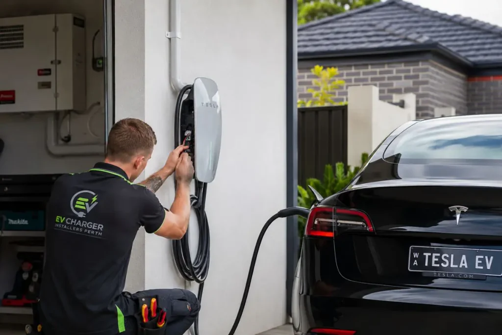 staff installing a tesla charging wall charger at Perth Home