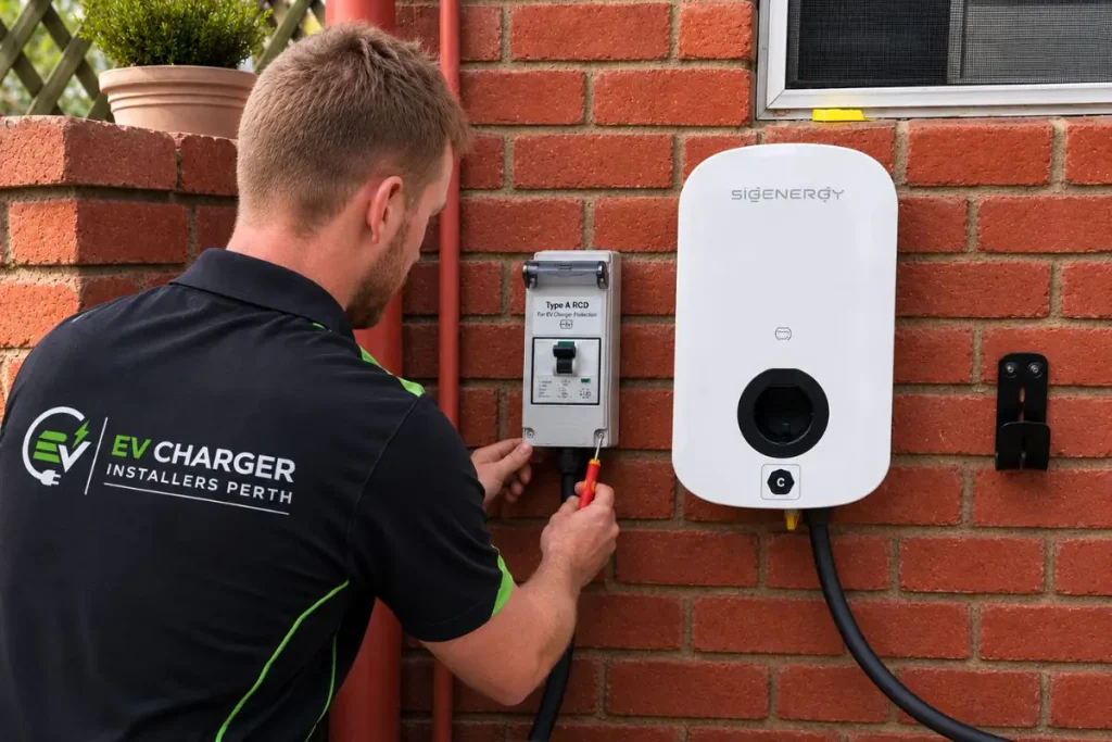 Electrician installing a Synergy EV charger with Type A RCD protection in Gosnells